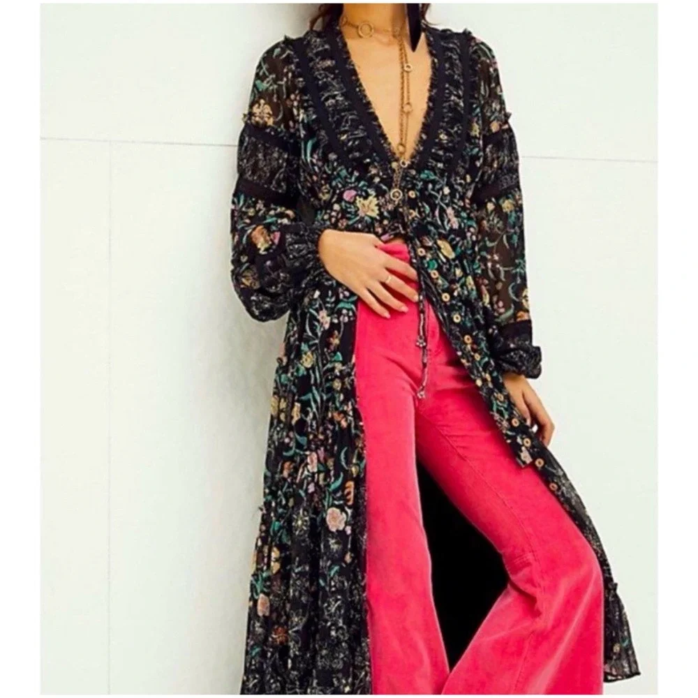 Free‎ People Cassis Printed Chiffon Maxi Dress Floral Print Black Sz XS Boho
